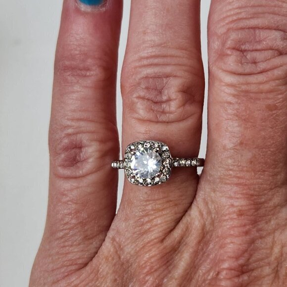 Halo Simulated Diamond Engagement Ring Round Cut Silver‎ Tone - Picture 3 of 11